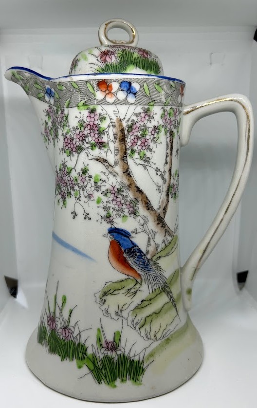 Vintage Japanese Chocolate Pot Hand Painted Blue Bird Cherry Blossom Tree and Landscape - Image 8