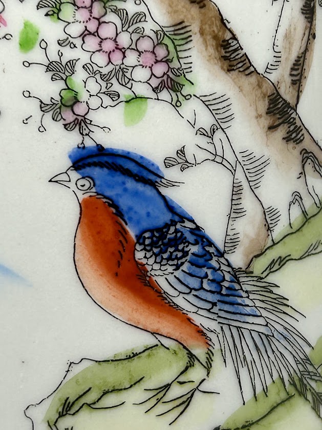 Vintage Japanese Chocolate Pot Hand Painted Blue Bird Cherry Blossom Tree and Landscape